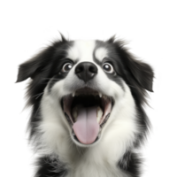 joyful black and white dog with its mouth open wide, showing excitement and happiness. dog tongue is out, and its eyes are wide open, creating playful and energetic expression png