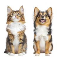 Two adorable pets, fluffy cat and cheerful dog, sit side by side. cat has long, bushy tail and striking fur patterns, while dog has perky ears and happy expression png