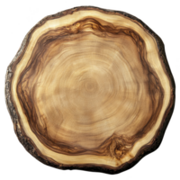round wooden slice with visible tree rings and natural bark edges, showcasing intricate grain patterns and smooth surface, ideal for rustic decor or crafts png