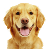 happy Golden Retriever with shiny coat and friendly expression looks directly at camera, showcasing its playful and loyal nature. dog tongue is out, adding to its cheerful demeanor png