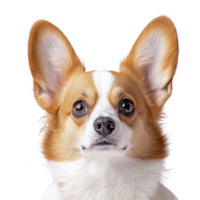 cute corgi with large ears and curious expression is looking directly at viewer. dog fur is mix of white and tan, giving it charming appearance png