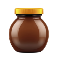 jar of chocolate spread with yellow lid, reflecting light on its smooth surface, isolated on transparency background. jar is round and filled with creamy chocolate png