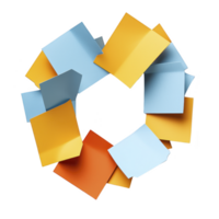 vibrant arrangement of colorful paper sheets forms circular pattern, featuring shades of blue, orange, and yellow. geometric design creates dynamic and artistic visual png