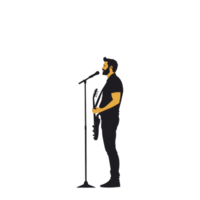 silhouette of musician passionately singing and playing guitar on stage, conveying sense of energy and performance. image captures essence of live music and artistic expression png