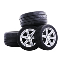Three stacked car tires with shiny alloy rims are displayed against transparency background, showcasing their sleek design and durability png