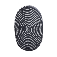 detailed black and white fingerprint pattern is displayed, showcasing intricate spiral and loop designs. fingerprint is isolated on plain background, emphasizing its unique texture and structure png