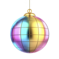 shiny, multicolored disco ball ornament with golden top and grid pattern hangs against transparency background, reflecting vibrant hues png