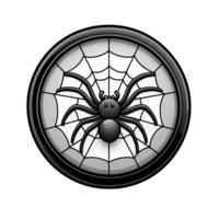 cartoon spider sits at center of circular web, creating playful and whimsical design. monochrome color scheme adds classic touch to illustration png