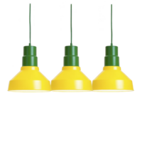Three vibrant yellow pendant lights with green fixtures hang in row, creating modern and cheerful ambiance. Perfect for adding pop of color to any interior space png
