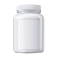 plain white plastic jar with screw on lid, suitable for storing supplements or powders, is displayed against transparency background. jar is empty and unlabeled png