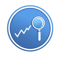 This features blue circular icon with magnifying glass and line graph, symbolizing data analysis or search functionality. design is simple and modern.data analysis icon with magnifying glass png