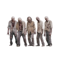 group of five zombies in tattered clothing stand together, showcasing decayed skin and eerie expressions. Their appearance is unsettling, with visible bones and torn fabric png
