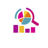colorful data analysis icon features magnifying glass over pie chart and bar graph, symbolizing analytics and research. vibrant colors convey sense of innovation and insight png