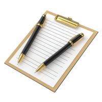 clipboard with lined paper and two elegant black and gold pens is displayed, suggesting organization and professionalism. pens are placed diagonally, adding touch of sophistication png