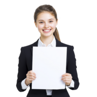 smiling woman in business suit holds blank sheet of paper, ready for customization or message display. image conveys professionalism and positivity png