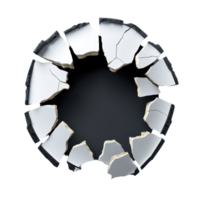 circular hole with jagged, cracked edges resembling broken glass or ice, creating dramatic and dynamic visual effect. shattered pieces are irregularly shaped, adding to sense of impact png