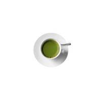 white cup filled with vibrant green matcha tea sits on saucer, viewed from above, creating minimalist and calming aesthetic png