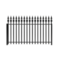 black metal fence with pointed tops stands against transparency background, showcasing classic and sturdy design. fence is composed of vertical bars and is often used for security and boundary png