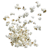 Fluffy popcorn kernels scattered against transparency background, showcasing their light and airy texture. image captures essence of classic snack, perfect for movie nights png