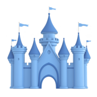 whimsical blue castle with multiple towers and flags evokes sense of fantasy and adventure. structure features pointed roofs and arched entrance, reminiscent of fairy tales png