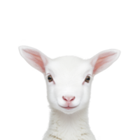cute lamb with fluffy white wool and large ears is looking directly at camera against plain transparency background. lamb innocent expression is endearing png