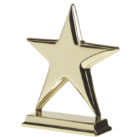 shiny gold star trophy with sleek design, symbolizing achievement and excellence. star is mounted on rectangular base, reflecting light beautifully, perfect for awards png