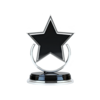shiny silver star trophy with black center stands on round base, symbolizing achievement and excellence. sleek design and reflective surface add touch of elegance png
