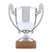 shiny silver trophy with ornate handles sits atop wooden base, symbolizing achievement and success. reflective surface adds elegance, making it ideal for awards and recognition png