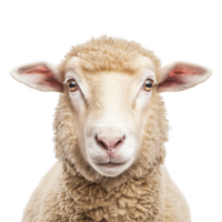 close up of sheep with fluffy wool coat and alert expression, isolated on transparency background. sheep ears are perked up, and its eyes are wide open, giving it curious look png