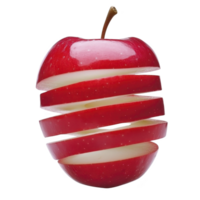 vibrant red apple is creatively sliced into even segments, showcasing its juicy interior. slices are slightly separated, revealing apple fresh texture and glossy skin png