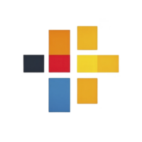 Colorful geometric shapes arranged in cross pattern, featuring rectangles in blue, red, orange, and yellow. minimalist design creates modern and abstract visual png