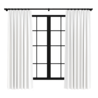 White curtains hang elegantly on black window frame, creating striking contrast. minimalist design adds touch of sophistication to any room, enhancing natural light png