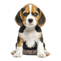 cute beagle puppy with tricolor coat sits attentively, showcasing its floppy ears and expressive eyes. puppy innocent expression adds to its adorable charm png