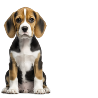 cute beagle puppy with curious expression sits against transparency background, showcasing its tricolor coat and floppy ears. adorable dog exudes innocence and playfulness png