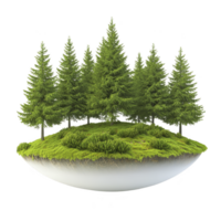 floating island with lush green grass and tall pine trees creates serene and magical atmosphere, evoking sense of tranquility and wonder png