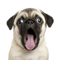 surprised pug with wide eyes and open mouth, showcasing its playful and expressive nature. dog light fur contrasts with its dark ears and snout, creating charming appearance png