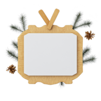 wooden frame with blank white canvas is adorned with pine branches and pinecones, creating festive and rustic holiday decoration. natural elements add touch of winter charm png