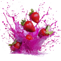 Juicy strawberries splash into vibrant pink liquid, creating dynamic and refreshing scene. vivid colors and motion convey sense of freshness and energy png
