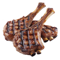 Grilled lamb chops with char marks are arranged on transparency background, showcasing their juicy and tender texture. rich, savory aroma is almost palpable png