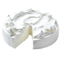 round, creamy white cake with smooth, fluffy texture and slice removed, showcasing its soft interior. cake surface is elegantly swirled, creating visually appealing design png