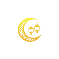 golden crescent moon with intricate patterns and two hanging lanterns symbolizes festive and spiritual atmosphere. design is elegant and evokes sense of celebration and tradition png