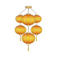cluster of six vibrant orange lanterns hangs elegantly, each with golden frame and tassels, creating warm and festive atmosphere. lanterns are arranged symmetrical pattern, perfect png