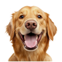 happy golden retriever with joyful expression, showcasing its friendly nature and shiny coat. dog tongue is out, adding to its playful demeanor png