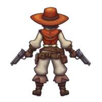 character in cowboy outfit stands with their back facing viewer, holding two pistols. attire includes wide brimmed hat, red vest, and brown boots, evoking Western theme png
