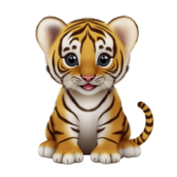 cute cartoon tiger cub with big eyes and playful expression sits facing forward. cub has orange fur with black stripes and white belly, creating adorable and friendly appearance png