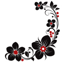 decorative floral corner design features elegant black flowers with vibrant red centers and accents, creating striking contrast. intricate pattern adds touch of sophistication and charm png