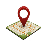 3D map illustration with red location pin marking spot on grid like street layout, symbolizing navigation and direction. map features roads and blocks, conveying sense of exploration png