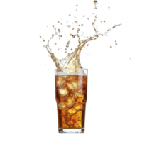 refreshing splash of erupts from glass filled with ice cubes, capturing effervescent energy of carbonated drink against transparency background png