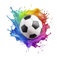 soccer ball is surrounded by vibrant splash of rainbow colors, creating dynamic and energetic visual effect. colorful splash adds sense of motion and excitement to image png
