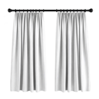 White curtains hanging on black rod, creating clean and elegant look. fabric appears smooth and slightly shiny, adding touch of sophistication to any room decor png